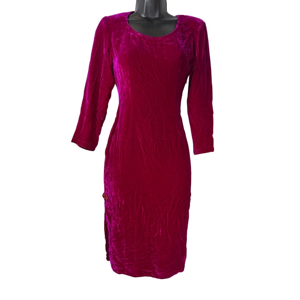 Vintage 90s Magenta Crushed Velvet Bodycon Midi Dress Whimsigoth Cyber Velour